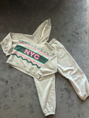 NYC Kids Grey Hoodie & Joggers Set with Pink and Green Accents - NYC